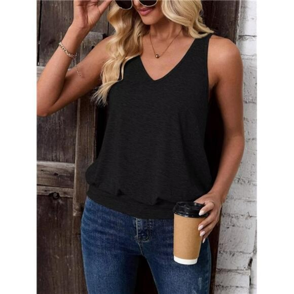 Womens V Neck Tank Top Sleeveless Loose Fit Summer Casual Cami Shirt 2025 - Picture 4 of 7